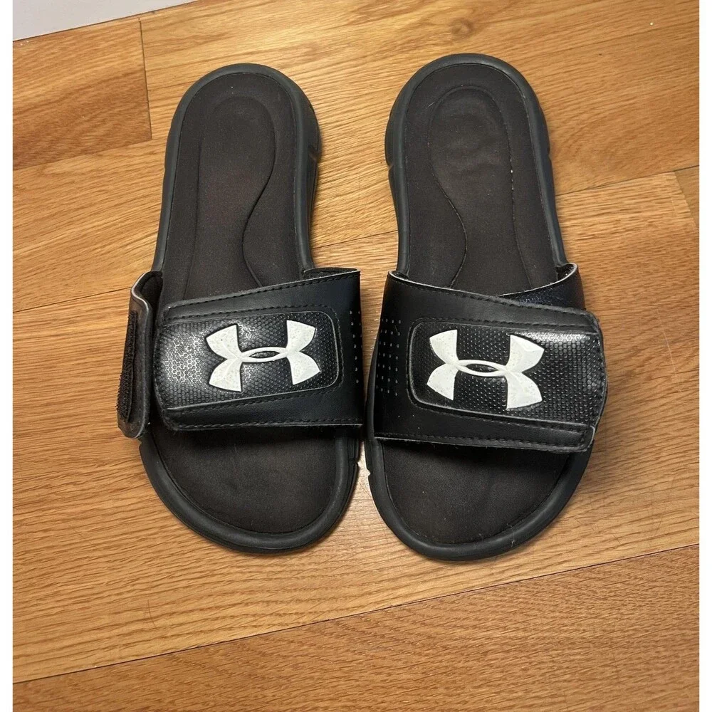 Under Armour Sandals Shoes Kids Size 4Y Black Slide Adjustable 1287320-001 Logo